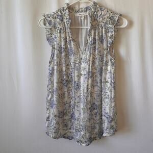 Haver & Blair Ruffle Sleeveless Blouse White, Light Blue Floral Print Women’s S